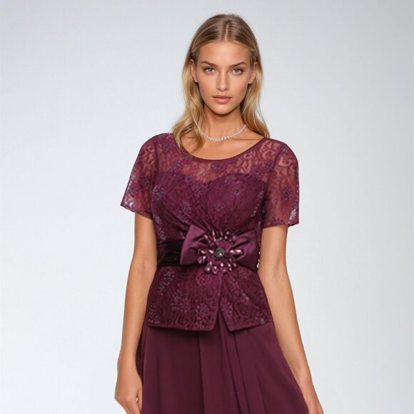 New Sheath Maxi Mob Chiffon Dress w/ Floral Lace Embroidery & Bow JT SL514J - Picture 1 of 9